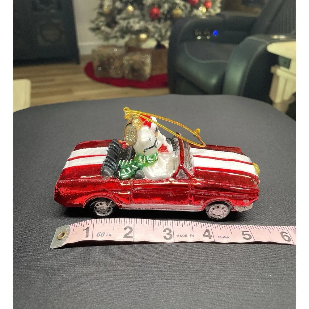 Vintage Santa Polar Bear Red Sports Car Blown Glass Christmas Ornament Mint!